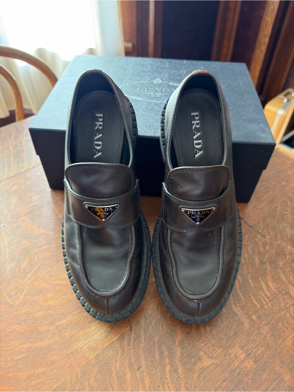 Prada Dark Brown Leather Penny Loafers with Logo Plaque
